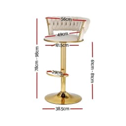 2x Velvet Bar Stools with Gas Lift Woven Backrest Ivory Counter Height Kitchen Seating Chairs