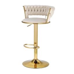 2x Velvet Bar Stools with Gas Lift Woven Backrest Ivory Counter Height Kitchen Seating Chairs