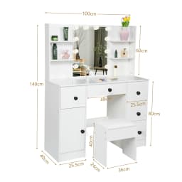 White Dressing Table Makeup Vanity Set With LED Light Mirror Storage Drawers Cabinet And Stool For Bedroom