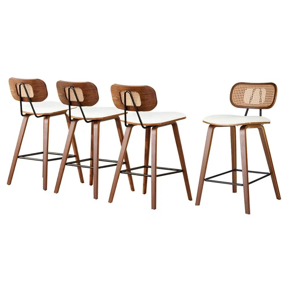 4 Piece Kitchen Counter Bar Stools Rattan Chairs with PU Leather Padded Seat High Back Modern Dining Bar Chairs