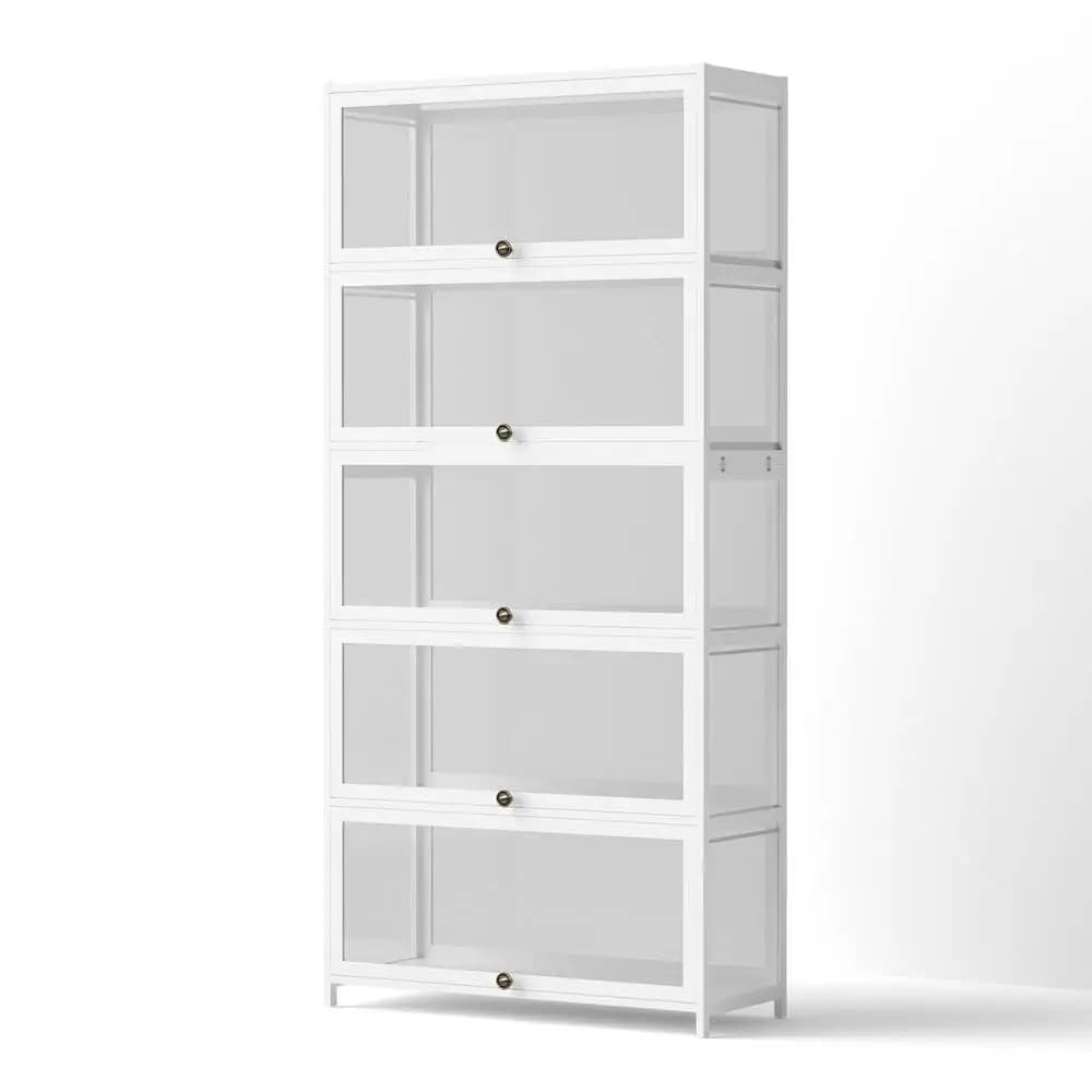 5 Tier Clear Display Cabinet Storage Bookshelf White Freestanding Organizer Shelf for Home Office Living Room