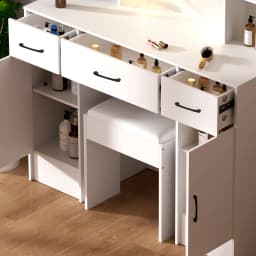 White Vanity Dressing Table Set with Touch Control LED Light Mirror, Double Side Open Shelves & Storage Cabinets, Multi Drawers, One Padded Stool Included Modern Makeup Desk for Bedroom