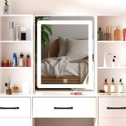 White Vanity Dressing Table Set with Touch Control LED Light Mirror, Double Side Open Shelves & Storage Cabinets, Multi Drawers, One Padded Stool Included Modern Makeup Desk for Bedroom