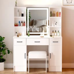 White Vanity Dressing Table Set with Touch Control LED Light Mirror, Double Side Open Shelves & Storage Cabinets, Multi Drawers, One Padded Stool Included Modern Makeup Desk for Bedroom