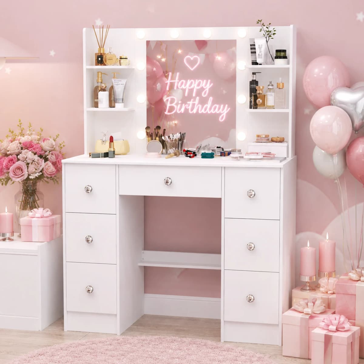 White Modern Vanity Dressing Table Set, Makeup Vanity Desk with 3 Color Adjustable LED Light Mirror, 7 Drawers Storage Cosmetic Dresser for Women Bedroom Home Furniture