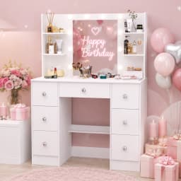 White Modern Vanity Dressing Table Set, Makeup Vanity Desk with 3 Color Adjustable LED Light Mirror, 7 Drawers Storage Cosmetic Dresser for Women Bedroom Home Furniture