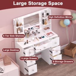 White Modern Vanity Dressing Table Set, Makeup Vanity Desk with 3 Color Adjustable LED Light Mirror, 7 Drawers Storage Cosmetic Dresser for Women Bedroom Home Furniture