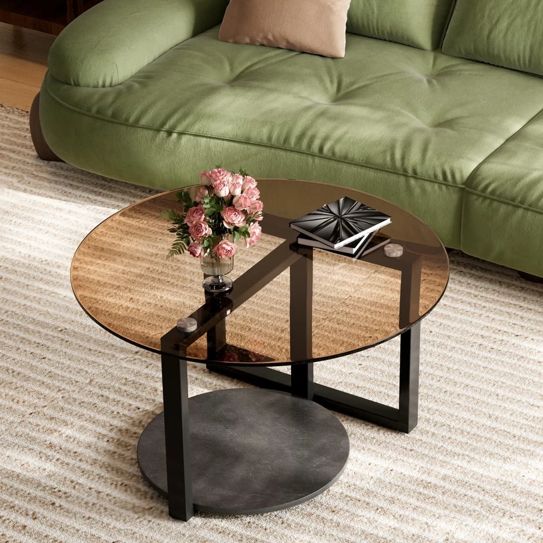 Round Amber-Tinted Tempered Glass Coffee Table Cocktail Center Table with Sintered Stone Storage Tier & Black Metal Frame