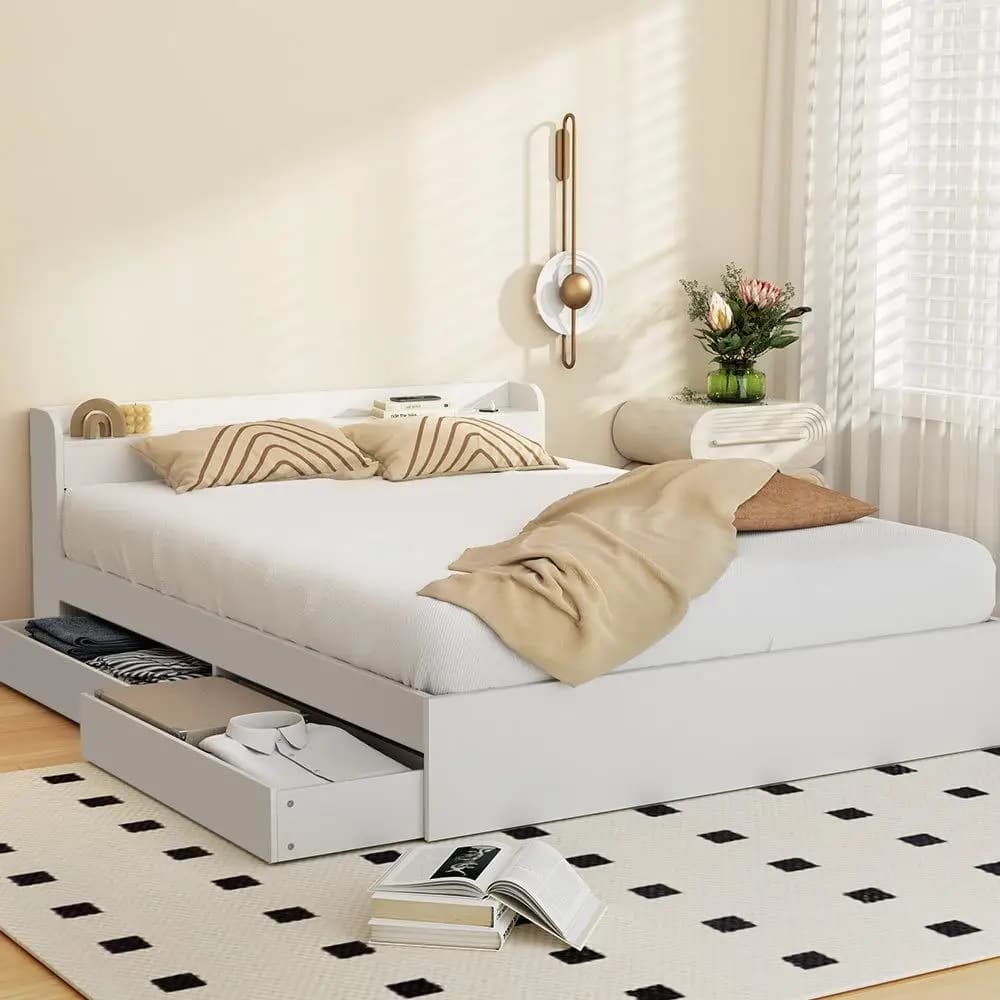 Double Size Bed Frame Mattress Base with Charging Ports and 2 Storage Drawers Wooden Platform Bed