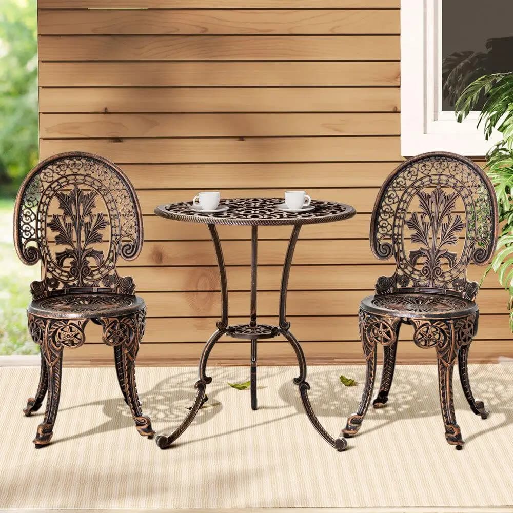 3 Piece Outdoor Patio Bistro Set Aluminum Frame Bronze Finish Dining Chairs Garden Furniture