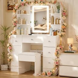White Modern Vanity Set, LED Lighted Mirror & Stool, Jewelry Organizer Drawers, Women Bedroom Dressing Table