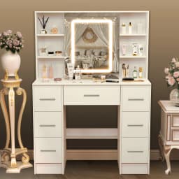 Large Makeup Vanity Desk with LED Hollywood Mirror, Lighted Dressing Table Set with Storage Drawers, Bedroom Vanity Table for Women