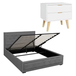 Upholstered Queen Gas Lift Storage Bed Frame with 2 Drawer Bedside Table Set Modern Space Saving Bedroom Furniture Set