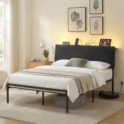 Queen Size LED Metal Bed Frame with Charging Station Sturdy Platform Bed Base Modern Bedroom Furniture