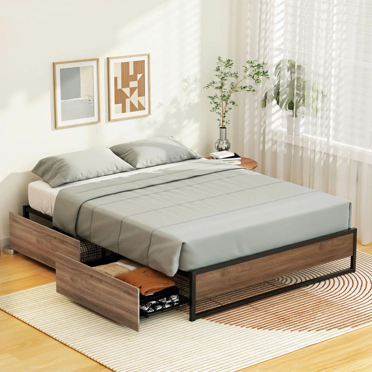Queen Size Metal Bed Frame with 2 Storage Drawers Oslo Style Platform Bed Base