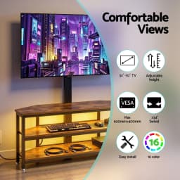 Corner TV Stand for 32 to 70 Inch TVs with Mount LED Lights Power Outlet Space Saving Entertainment Center and Storage Shelves