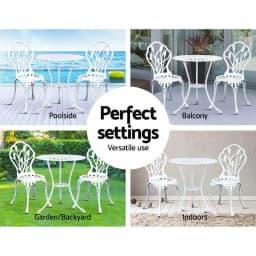 3 Piece Outdoor Bistro Set Cast Aluminum Patio Furniture Tulip White Chairs and Table