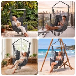 Hammock Chair Camping Macrame Hanging Swing Cushion Metal Bar Grey Cotton Rope Patio Relaxing Seat Indoor Outdoor Swing Chair