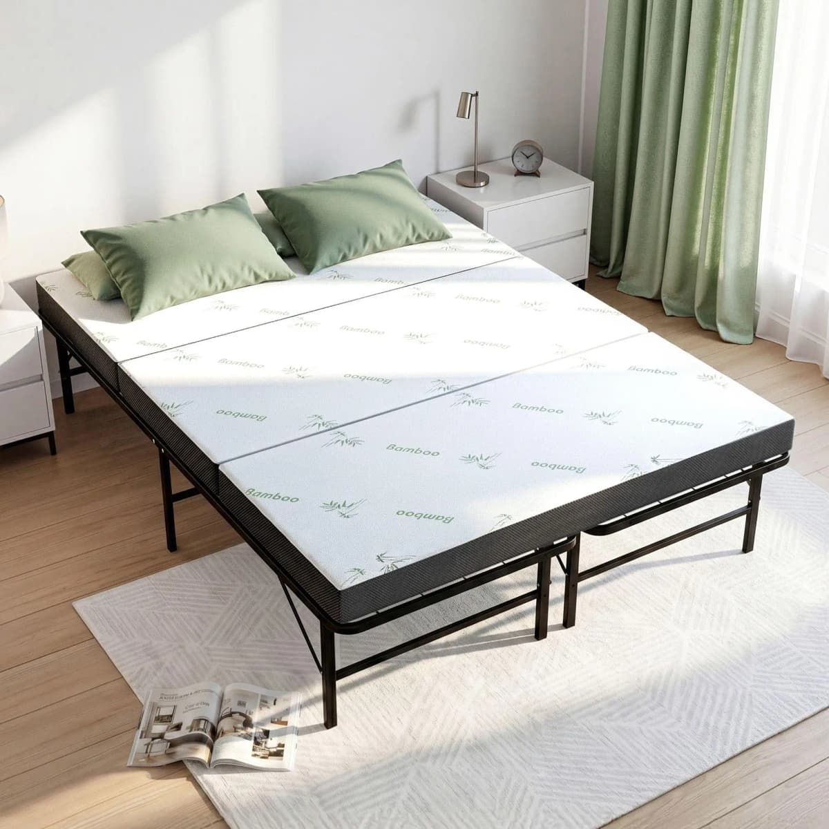 Double Folding Bed with Mattress Portable Guest Bed Bamboo Cover Space Saving Foldable Sleeping Cot for Home Office Travel and Visitors
