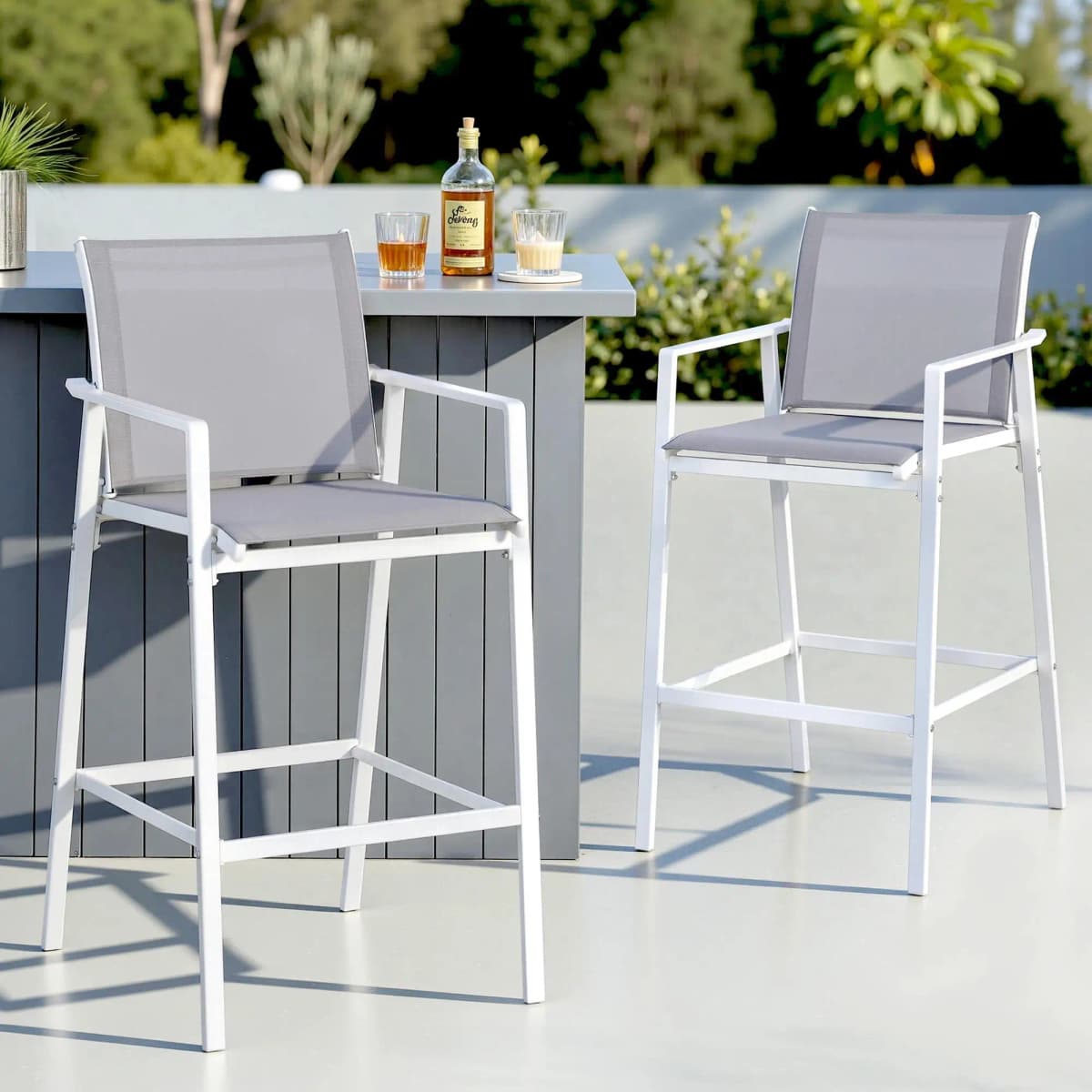 2PC Outdoor Patio Bar Stools Dining Chairs Steel Textilene White