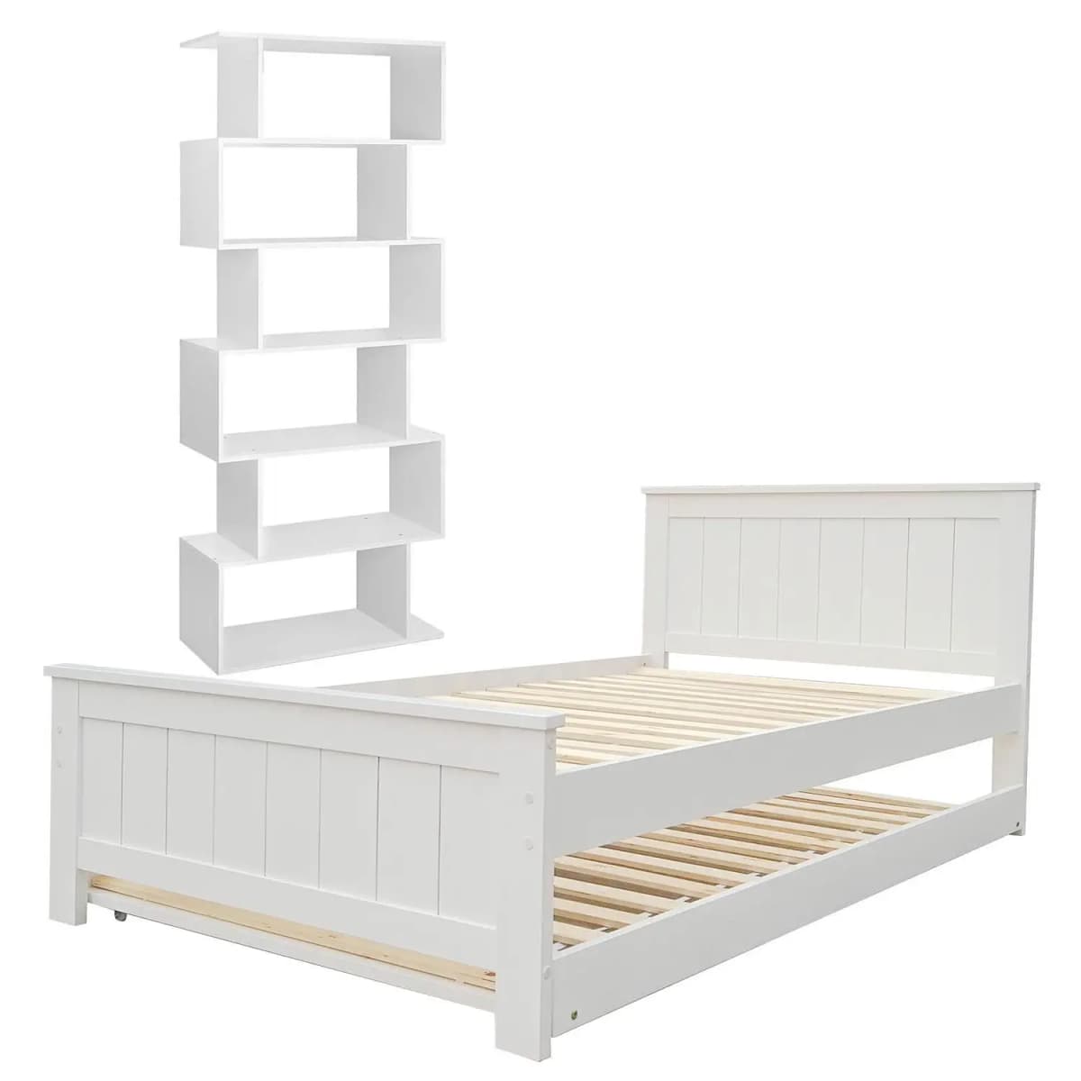 King Single Bed Frame with Integrated Bookshelf Wooden Platform Storage Bed for Bedroom Furniture Modern Space Saving Design