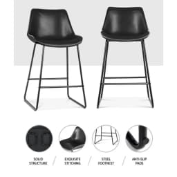 Set of 2 Black Leather Counter Height Bar Stools Metal Frame Kitchen Chairs