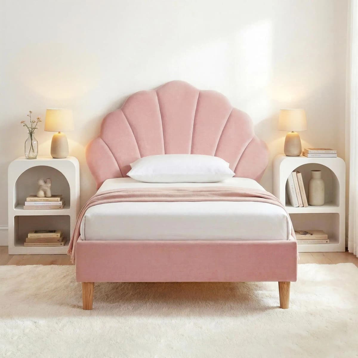 King Single Bed Frame Set with 2 Bedside Tables Scallop Headboard Pink Velvet Fabric Upholstered Bed Base Bedroom Furniture Set