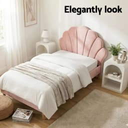 King Single Bed Frame with Bedside Table Set Scallop Headboard Pink Velvet Fabric Bed Base