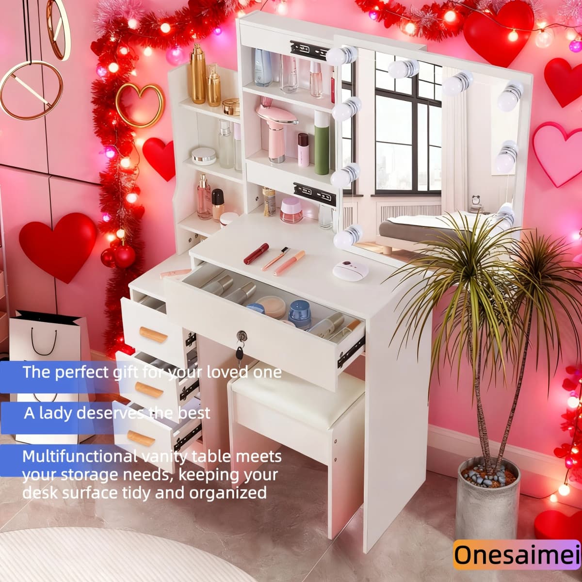(Valentine's Day Gift) New Home Vanity Table with Makeup Mirror Features 3 Colour Modes and Adjustable Brightness