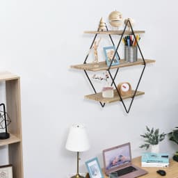 3 Tier Rustic Wood Wall Mounted Floating Shelves Geometric Decorative Storage Display Rack