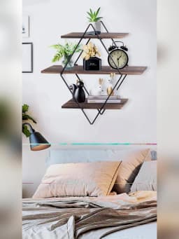 3 Tier Rustic Wood Wall Mounted Floating Shelves Geometric Decorative Storage Display Rack