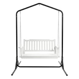 Wooden 2 Seater Outdoor Swing Chair with Black Stand White Hanging Seat Garden Patio Hanging Bench