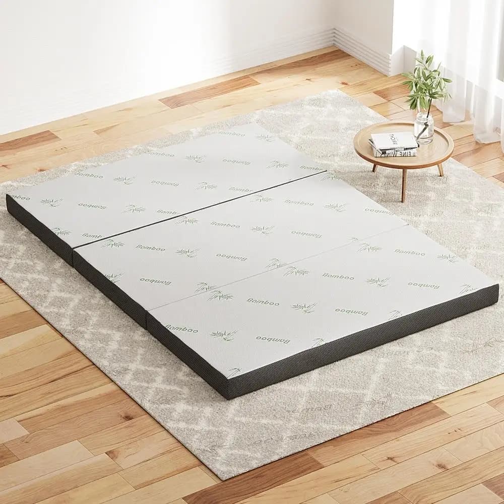 Foldable Foam Mattress Double Size Bamboo Cover Portable Sleeping Pad for Home Guest Room and Travel