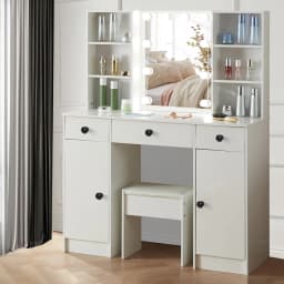 LED Vanity Desk Set with Mirror & Stool, 3 Drawers Dressing Table Makeup Station, Large Cosmetic Organizer with Lights for Bedroom, Easy Assembly