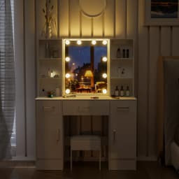 LED Vanity Desk Set with Mirror & Stool, 3 Drawers Dressing Table Makeup Station, Large Cosmetic Organizer with Lights for Bedroom, Easy Assembly