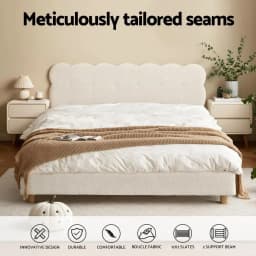 Queen Size Cloud Headboard Boucle Fabric Bed Frame White Platform Base Mattress Support Modern Bedroom Furniture