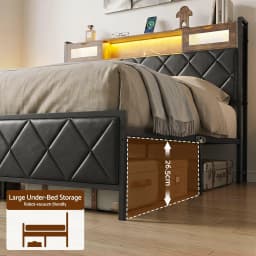 King Bed Frame with LED Lights Storage Headboard and Charging Station Modern Upholstered Platform Bed Frame for Bedroom with Strong Support and Easy Assembly