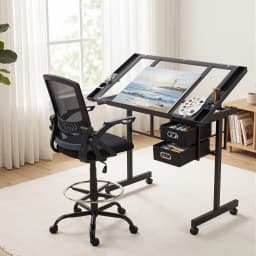 Adjustable Drawing Table with Ergonomic Office Chair Tempered Glass Desktop Removable Drawers Drafting Stool Height Adjustable for Art Painting Studio