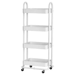 4 Tier White Kitchen Storage Trolley Cart Rolling Utility Organizer Shelf Metal Frame Mobile Storage Rack for Home Kitchen Bathroom Laundry