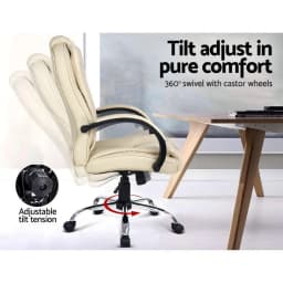 Executive Office Chair Leather Reclining Swivel Adjustable Beige High Back Ergonomic Padded Desk Chair for Home Office Conference Room