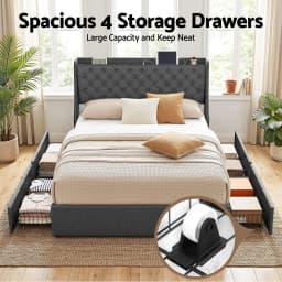 Queen Bed Frame with 4 Storage Drawers Charging Station Tufted Wingback Headboard 300kg Load Charcoal Grey
