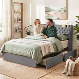 Queen Bed Frame with 4 Storage Drawers Charging Station Tufted Wingback Headboard 300kg Load Charcoal Grey