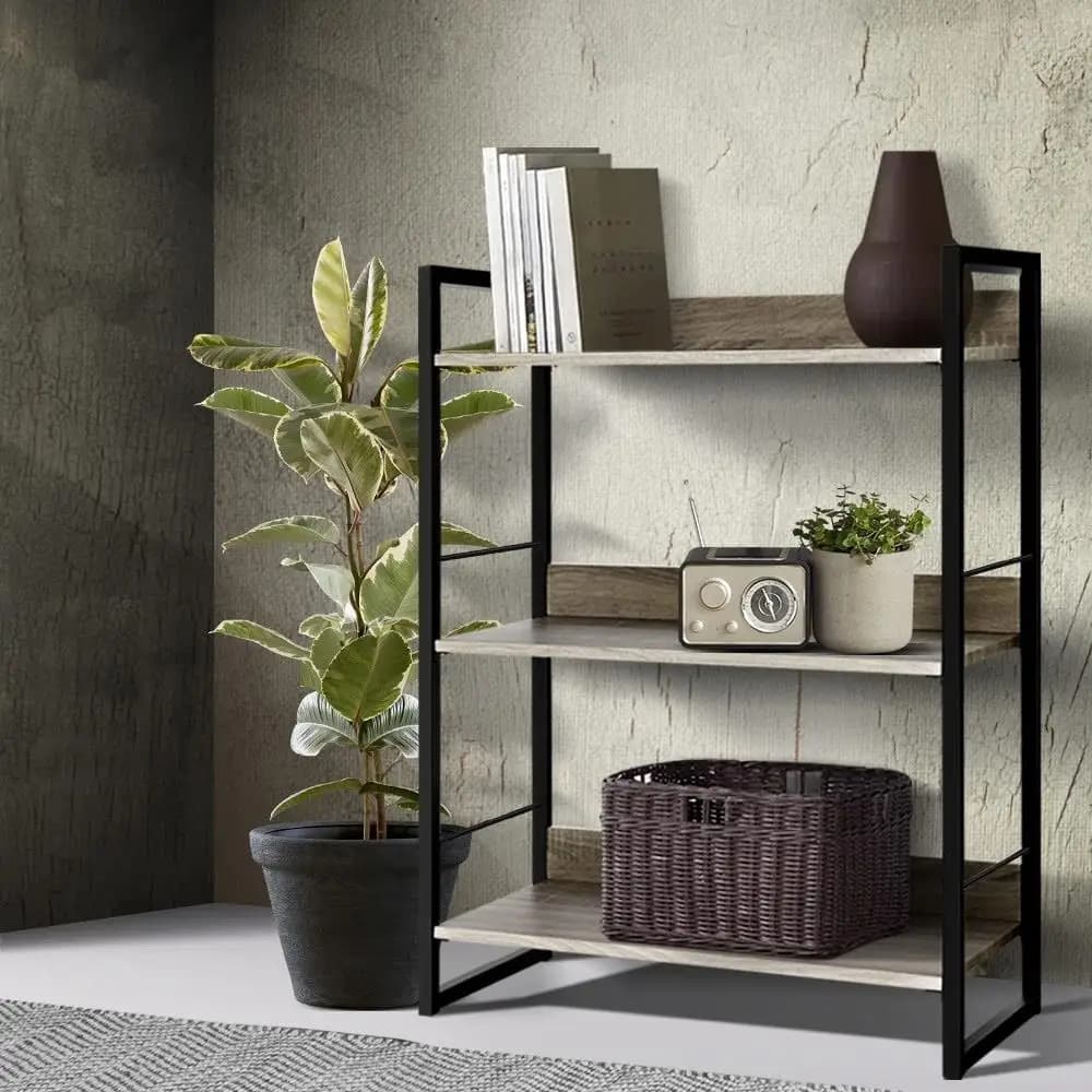 3 Tier Bookshelf Black and Oak Freestanding Storage Shelf Organizer for Living Room Bedroom Office