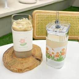 2PCS Square Heat Resistant Coffee Glass Cup With Lid and Straw Transparent Milk Tea Juice Cups Coffee Mug For Home Bar Drinkware