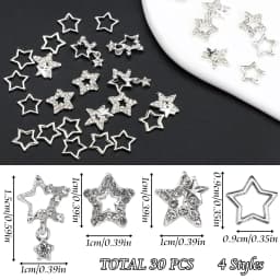 25PCS Star Nail Charms 3D Alloy Nail Art Charms 4 Styles Silver Stars Nail Rhinestones Crystal Pentagram Nail Gems for DIY Craft