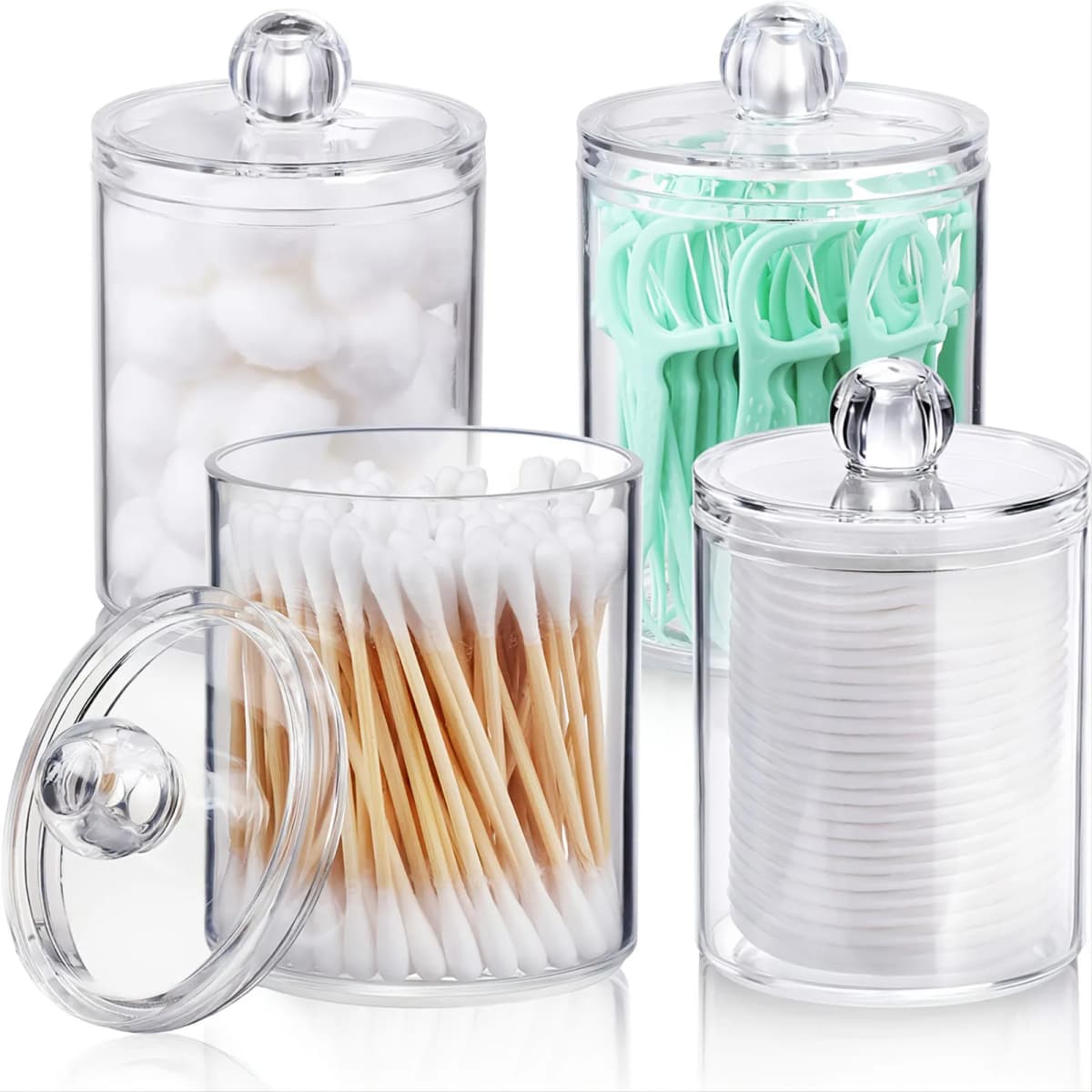 4pcs/set Clear Swab Holders With Lid, Dust-proof Swab Storage Dispenser Jars For Swab, Jewelry, Powder Puffs, Beauty Eggs,