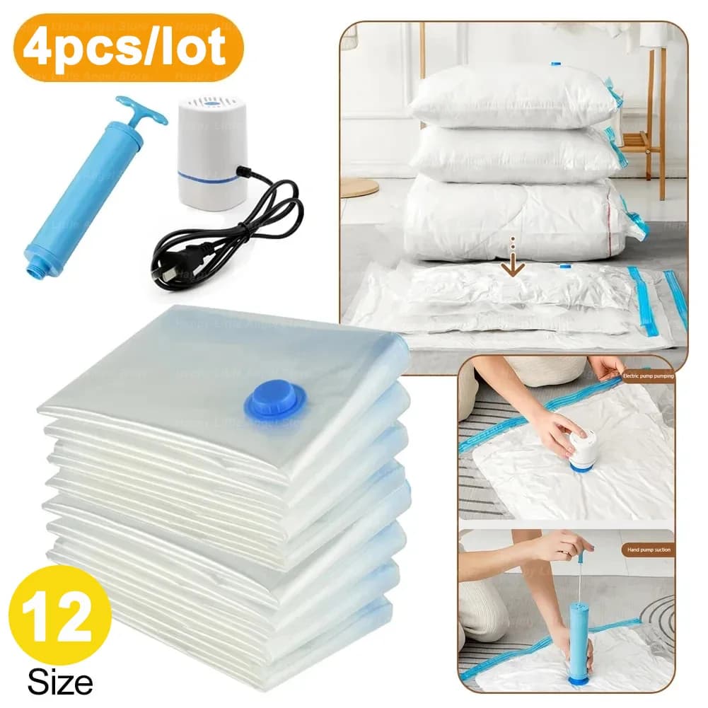 4pcs Reusable Vacuum Bags Transparent Folding Compressed Space Saving Vacuum Bag for Clothes Large Travel Container