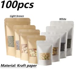 100 Pcs Kraft Matte Visible Window Stand-Up Pouches Snacks Dried Fruits Tea Storage Kraft Seal Zipper Bone Self-Sealing Bags