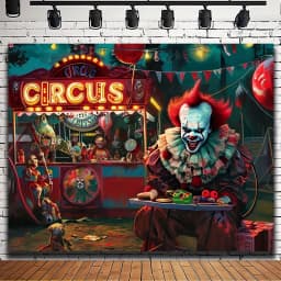 1 person Scary Clown Carnival - Spine tingling evil circus background haunted house decorated banner for home