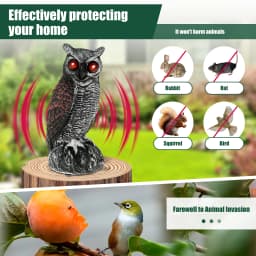 Realistic Solar Fake Owl Decoy Plastic Owl Scarecrow Sculpture with Red Flashing Eyes and Sound For Garden Yard Scare Birds Away